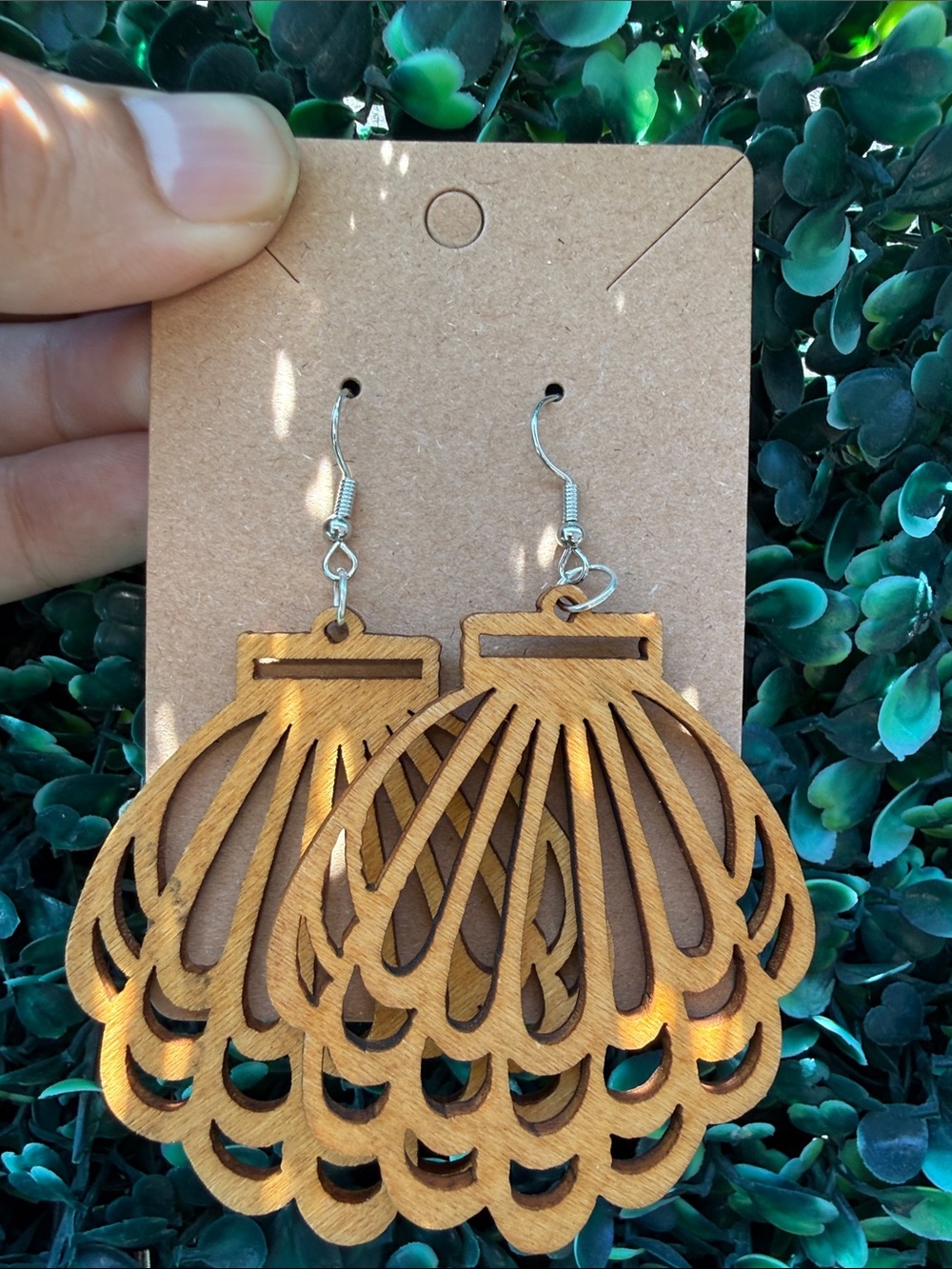 Hand Crafted Natural Brown Layered Wooden Teardrop Earrings